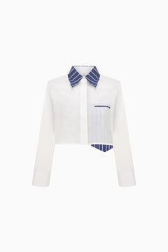 KNTLGY Cropped Contrast Shirt – white cropped shirt with striped collar and asymmetric pocket