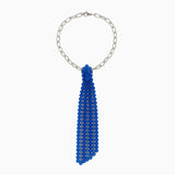 KNTLGY Beaded Tie Necklace – silver chain necklace with blue beaded tie pendant