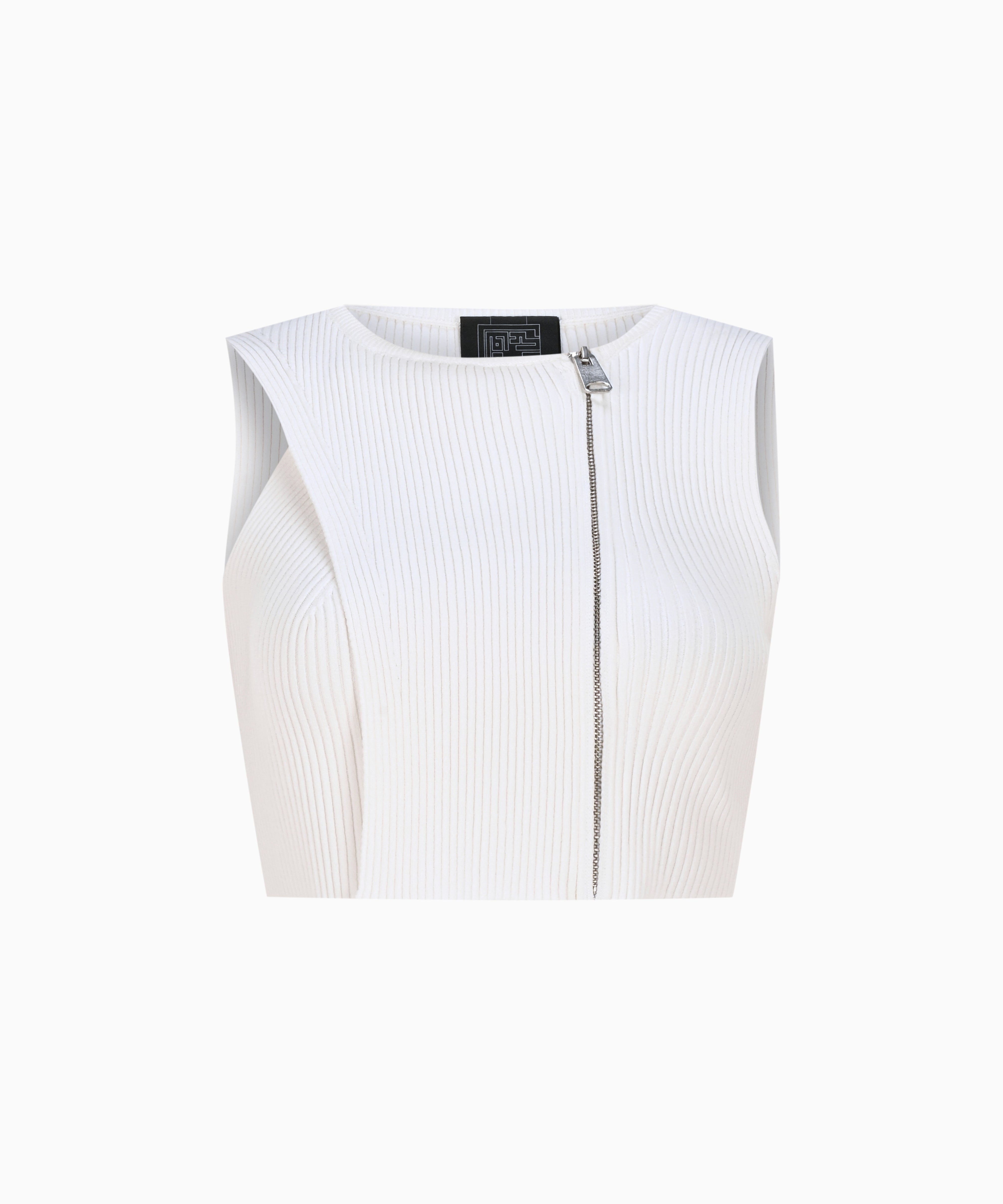 KNTLGY Fermuarlı Örme Beyaz Crop Top. Önden metal fermuarlı kapama