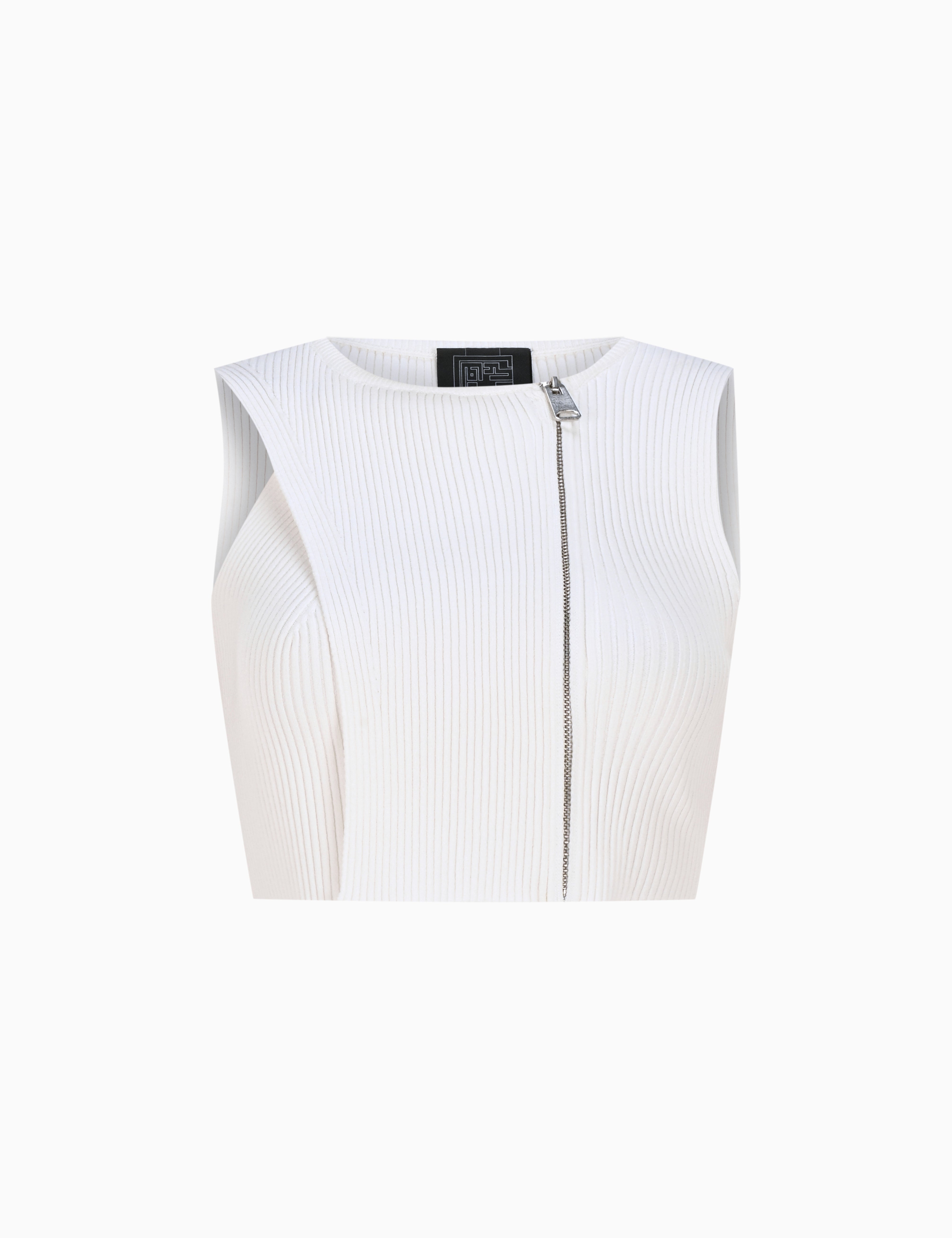KNTLGY Fermuarlı Örme Beyaz Crop Top. Önden metal fermuarlı kapama