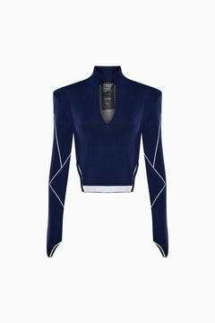 Navy cropped long-sleeve top with structured silhouette and contrast white stitching