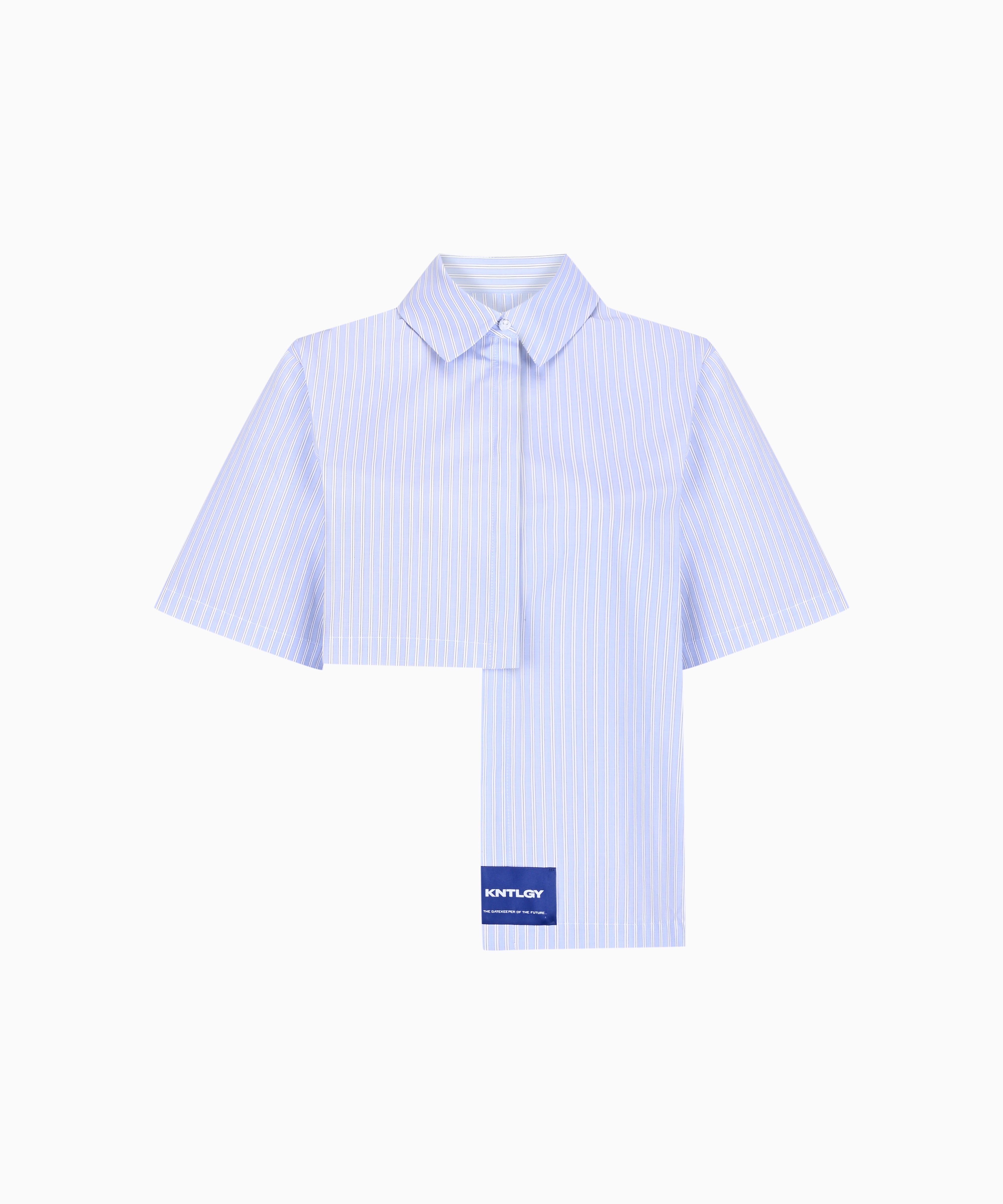 KNTLGY Asymmetric Panel Shirt – blue striped cropped shirt with asymmetric panel and logo detail