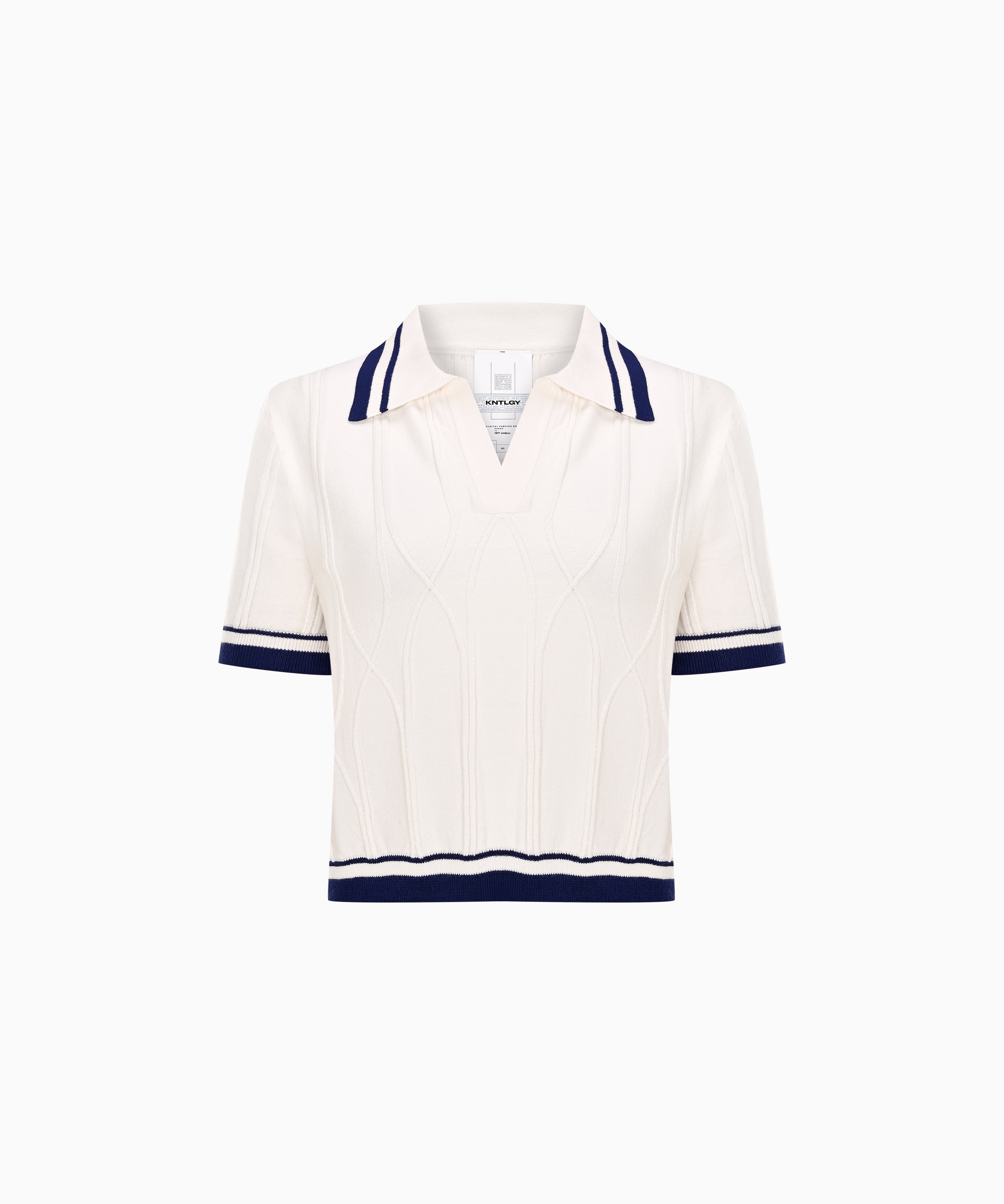 KNTLGY Knitted Polo Top – white cropped polo knit with contrast navy stripes