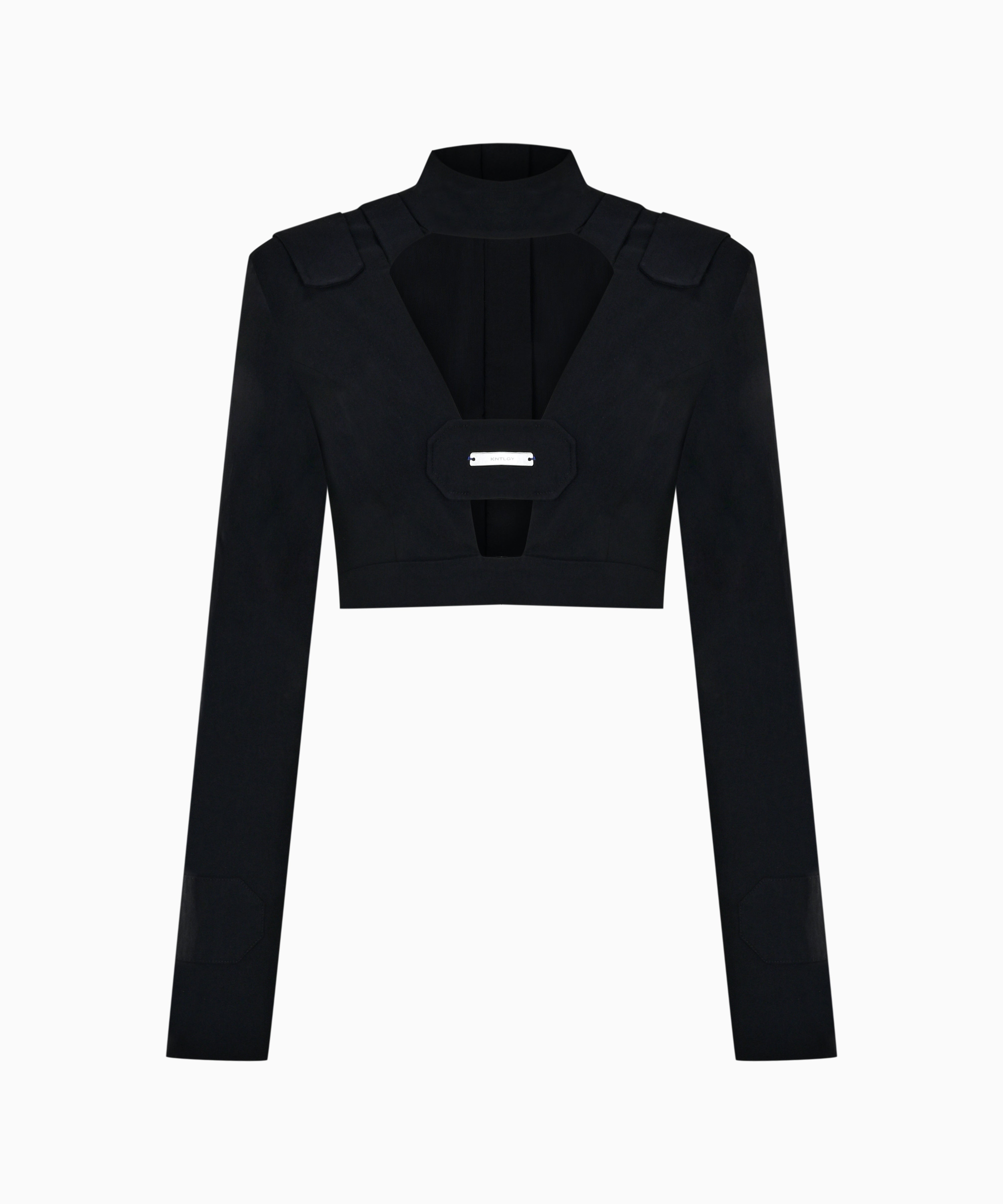 KNTLGY Choker Cut-Out Top – black cropped top with choker neckline, cut-out front, and metallic logo plaque