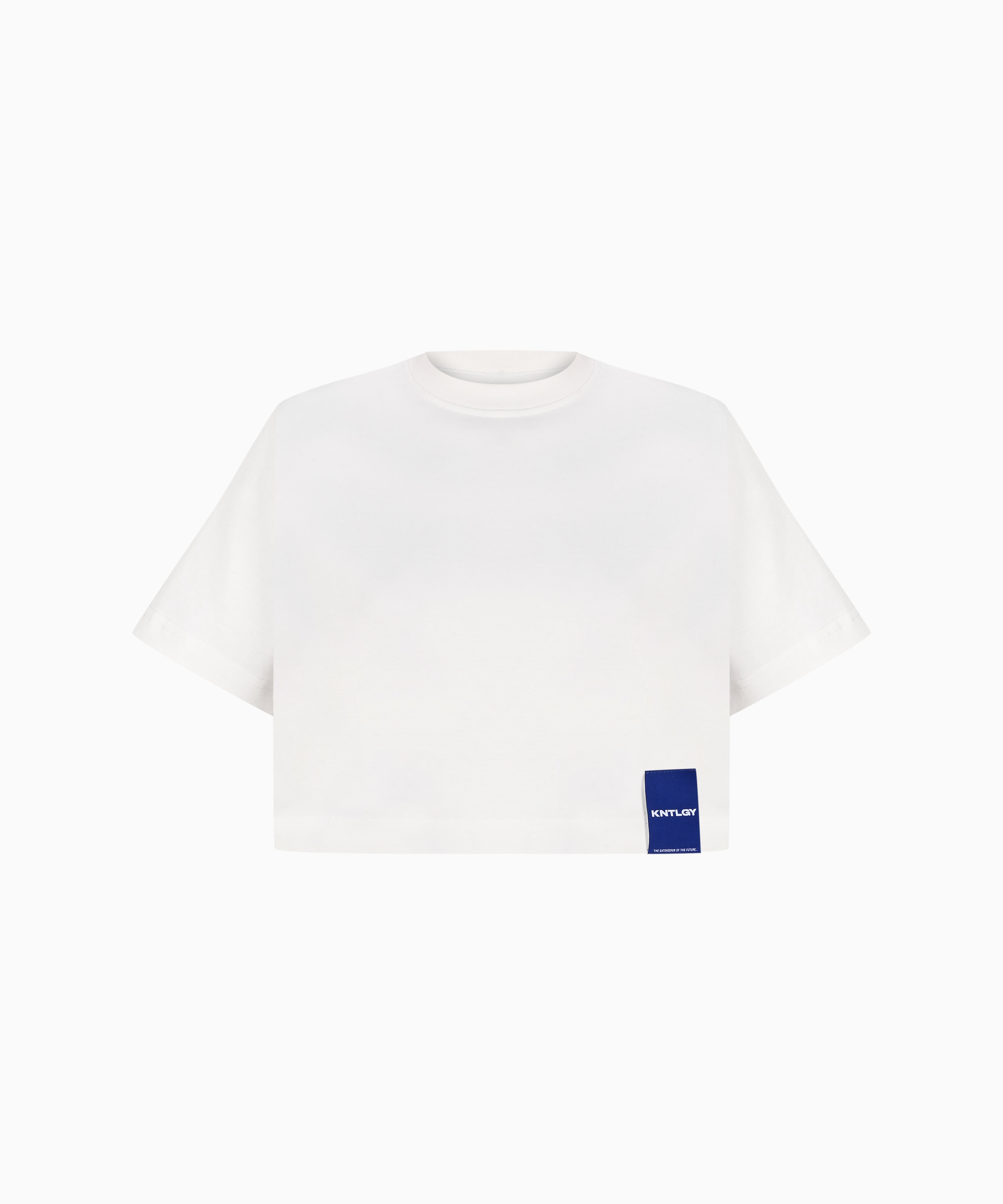 KNTLGY Cropped Boxy T-Shirt – white cropped boxy t-shirt with logo patch