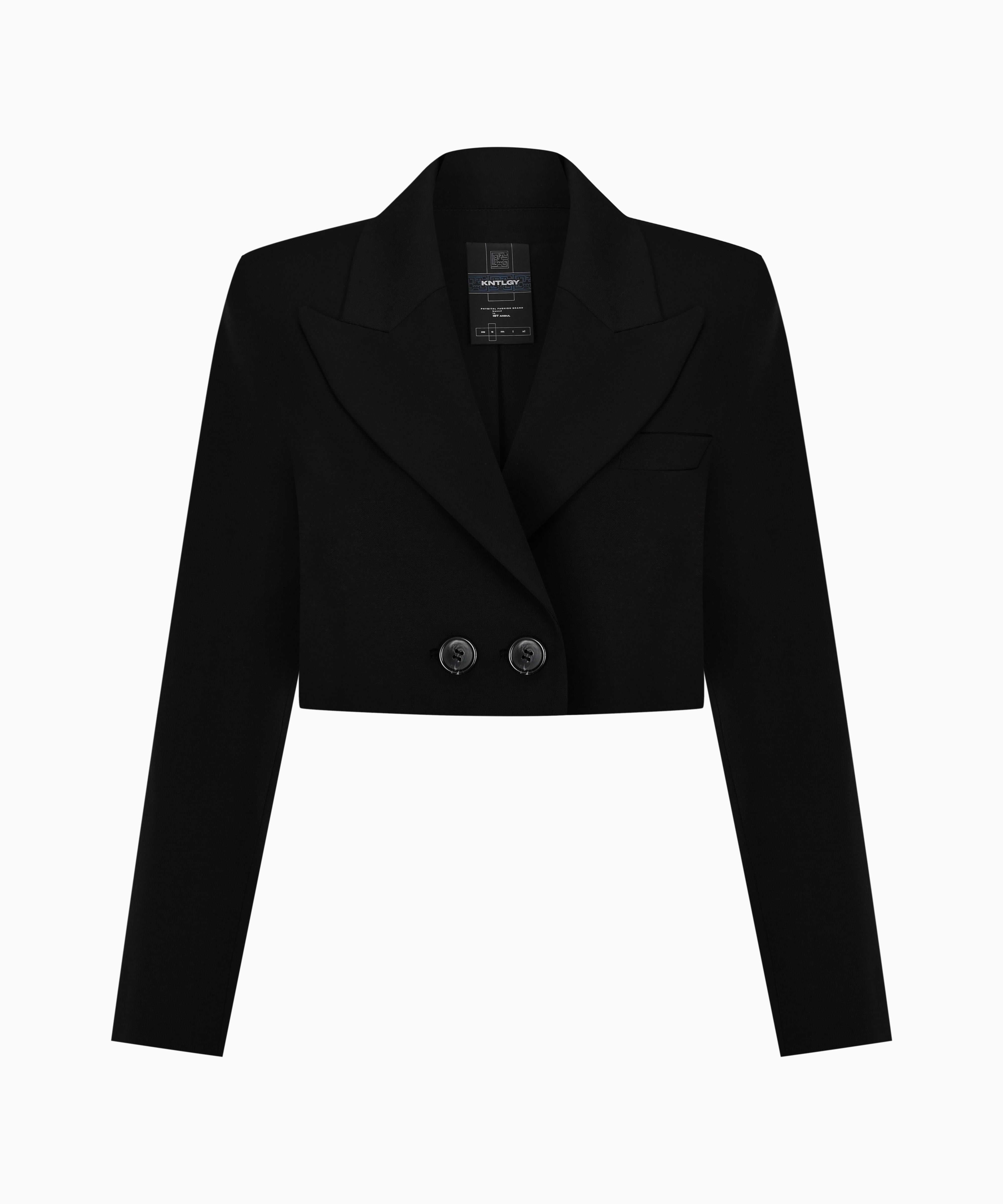 KNTLGY Cropped Blazer – black double-breasted cropped jacket with sharp lapels