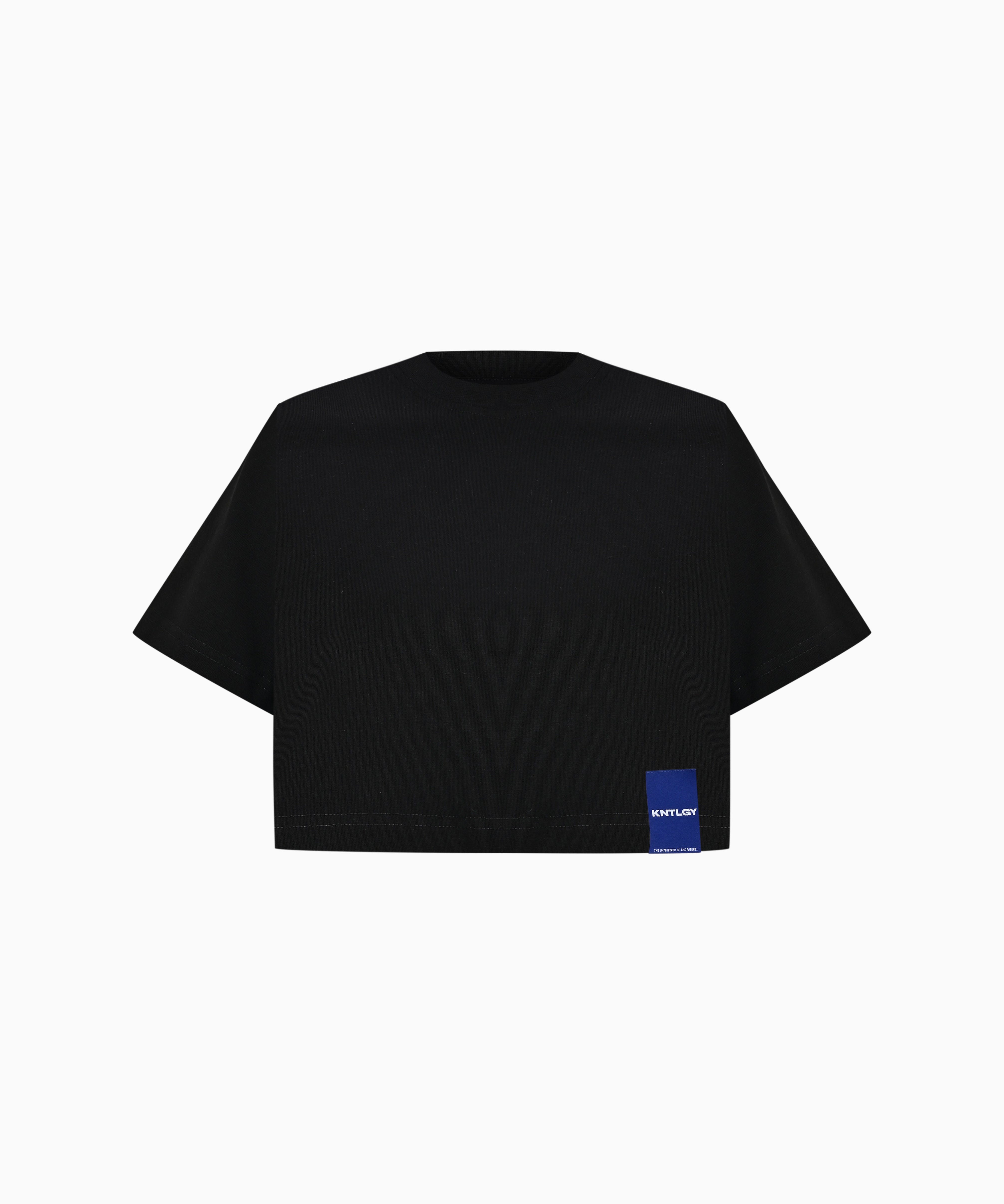 KNTLGY Cropped Boxy T-Shirt – black cropped boxy t-shirt with logo patch