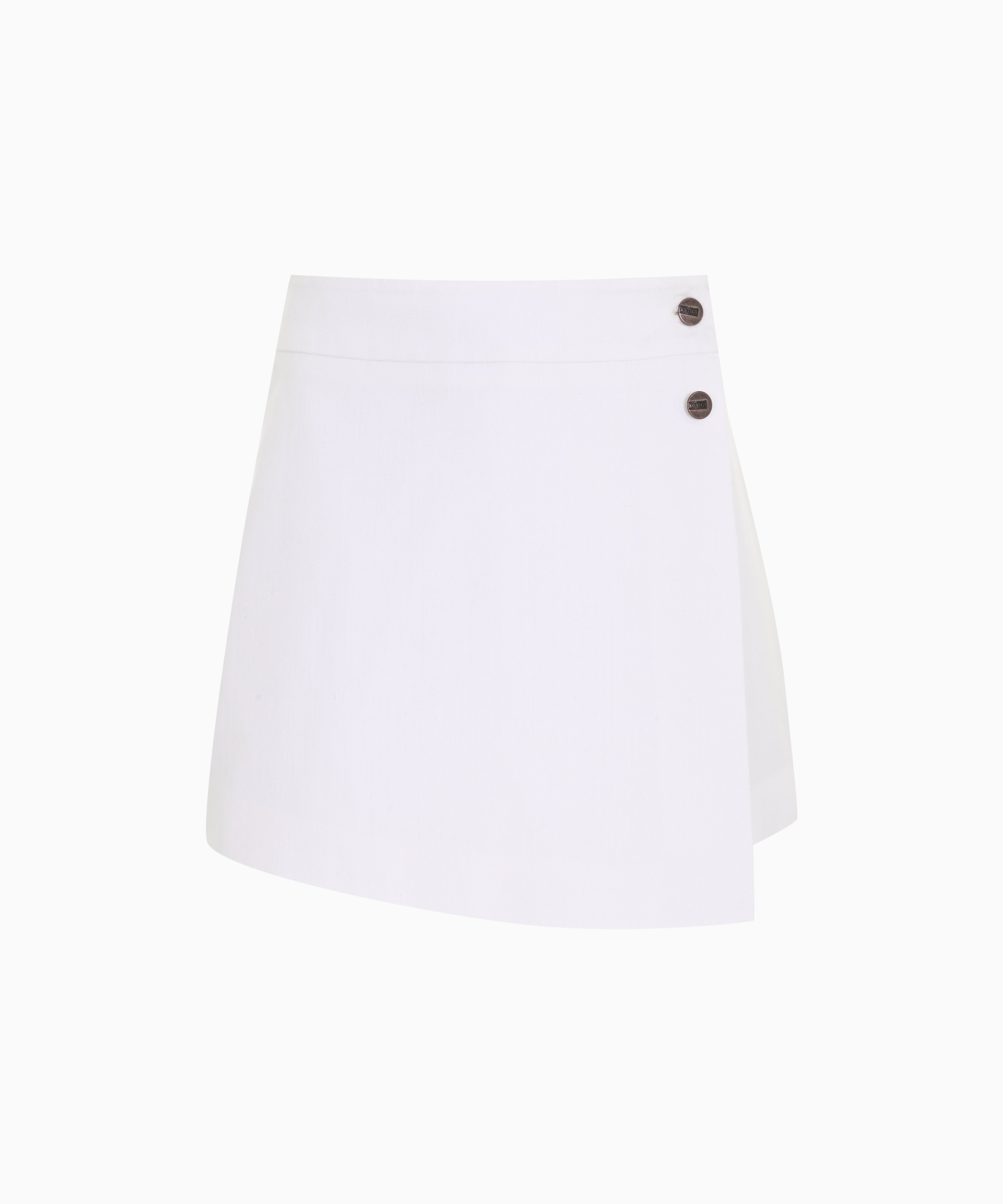 KNTLGY Structured Denim Skort – white asymmetric front denim skort with button detail