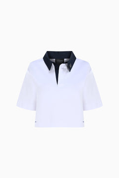 Polo Yaka, Kısa Kollu, Beyaz, Merserize Crop T-shirt