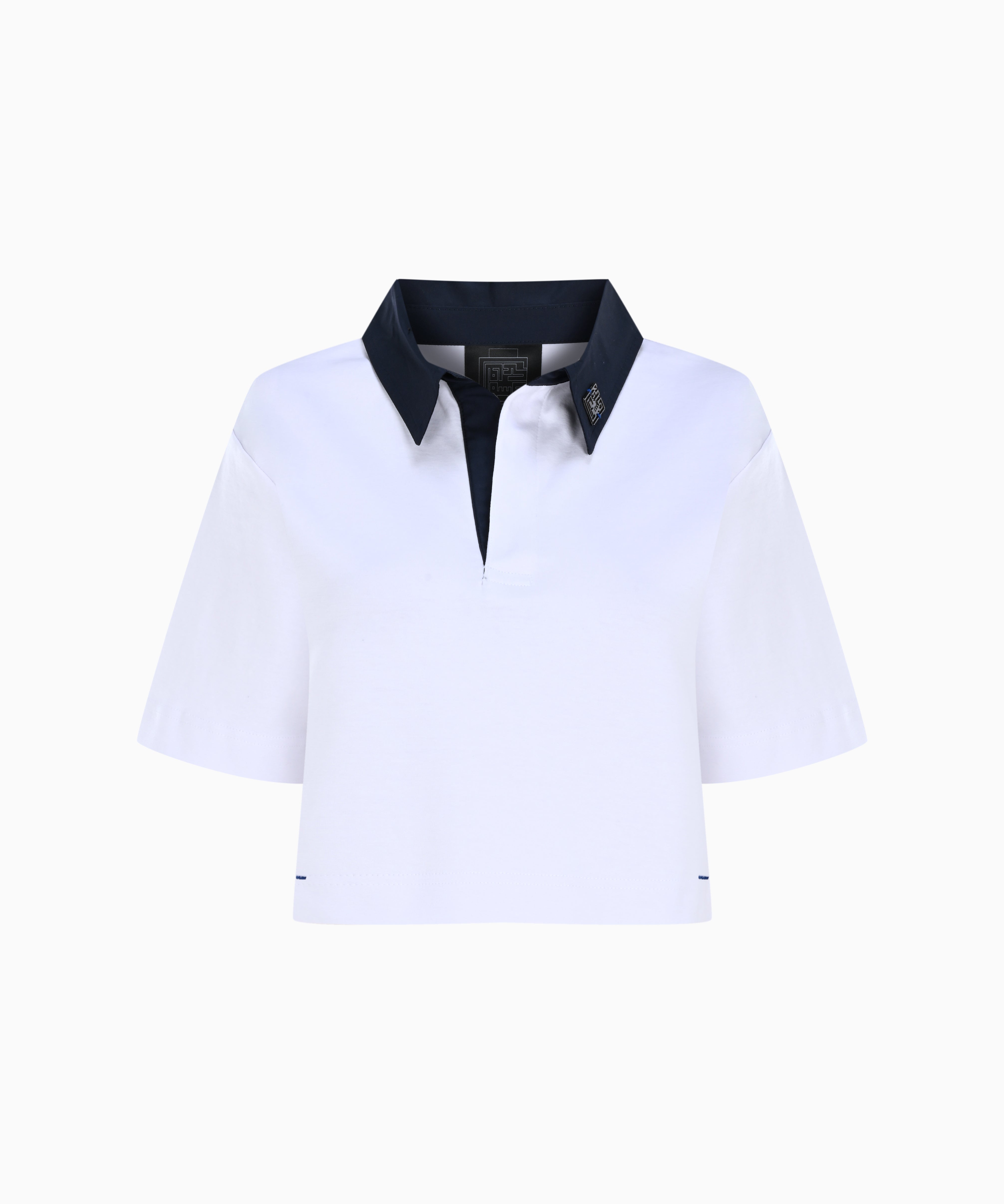 Polo Yaka, Kısa Kollu, Beyaz, Merserize Crop T-shirt
