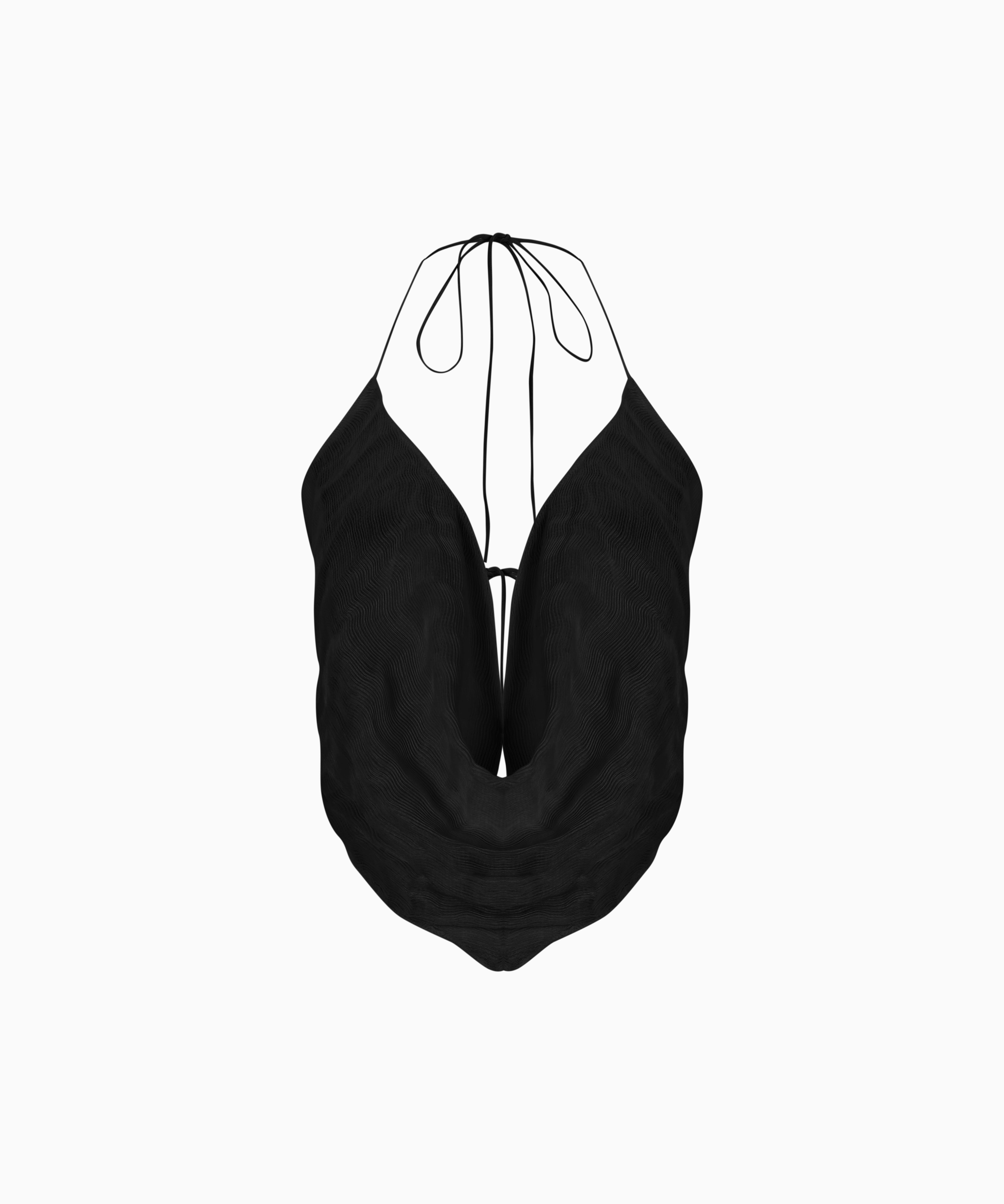 KNTLGY Draped Halter Top – black linen-silk blend halter top with draped front and open tie-back design