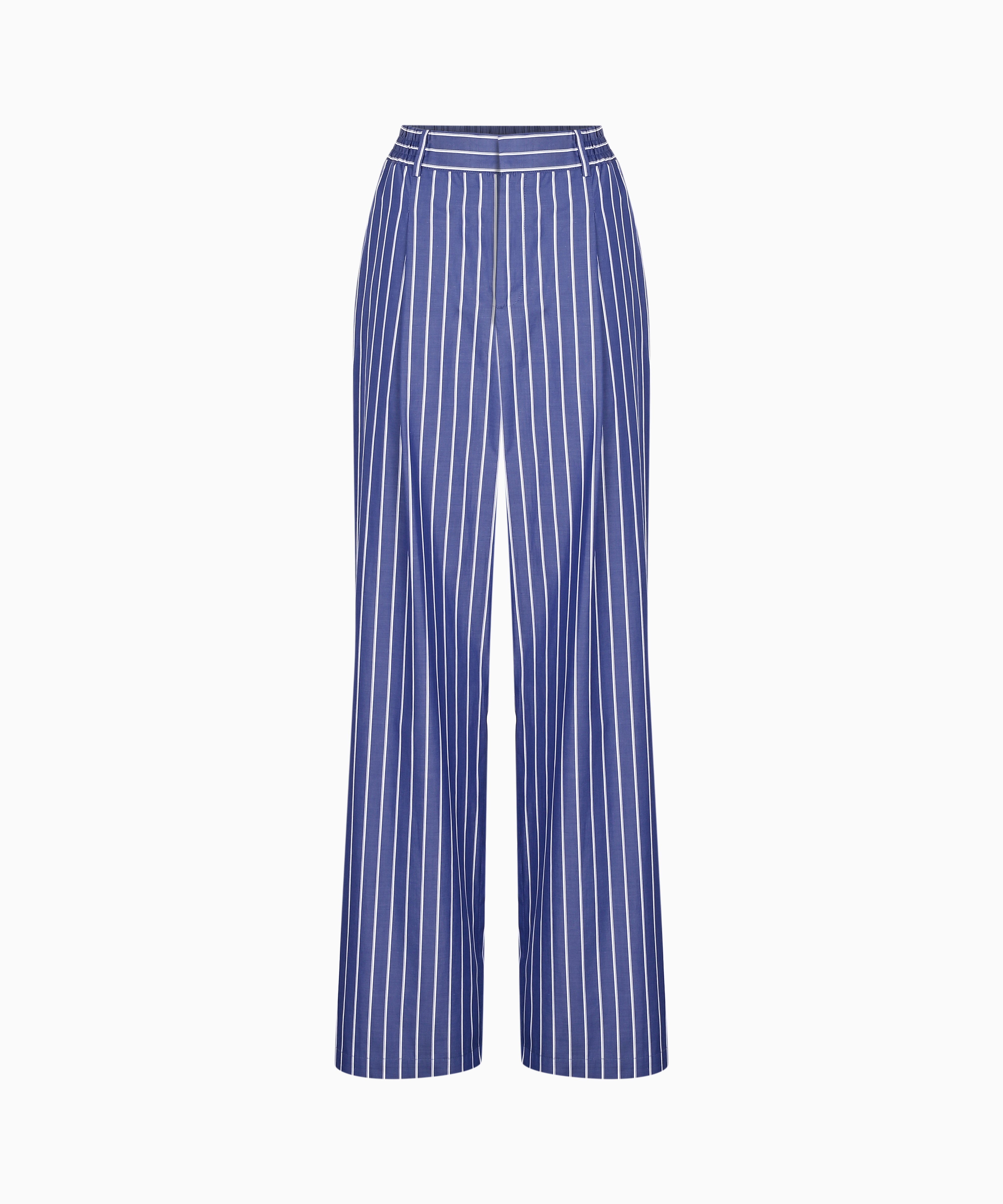 KNTLGY Striped Wide-Leg Trousers – navy high-waist wide-leg pants with vertical stripes