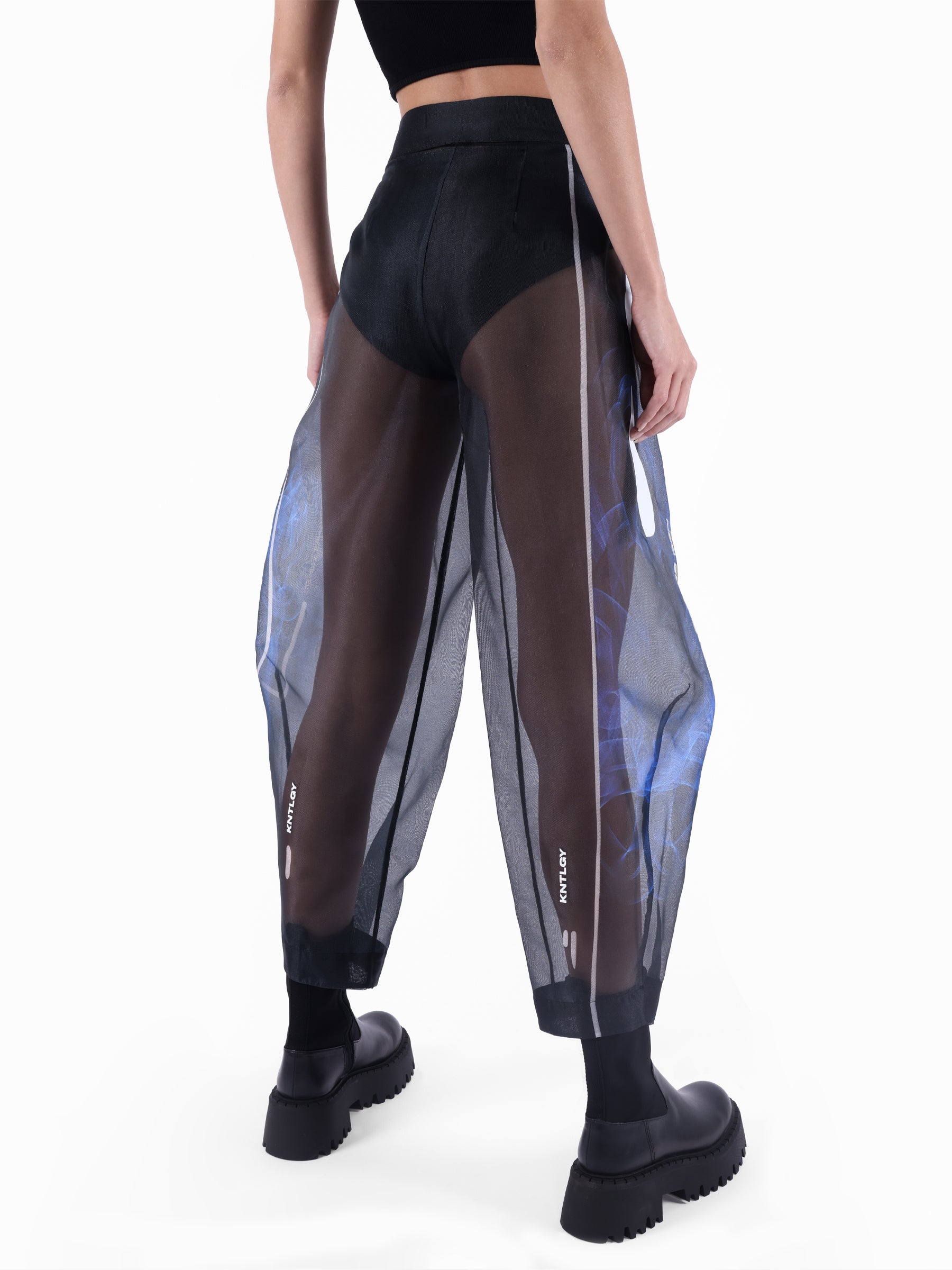 KNTLGY Super Woman Limited Edition Black Organza Pants with AI Print