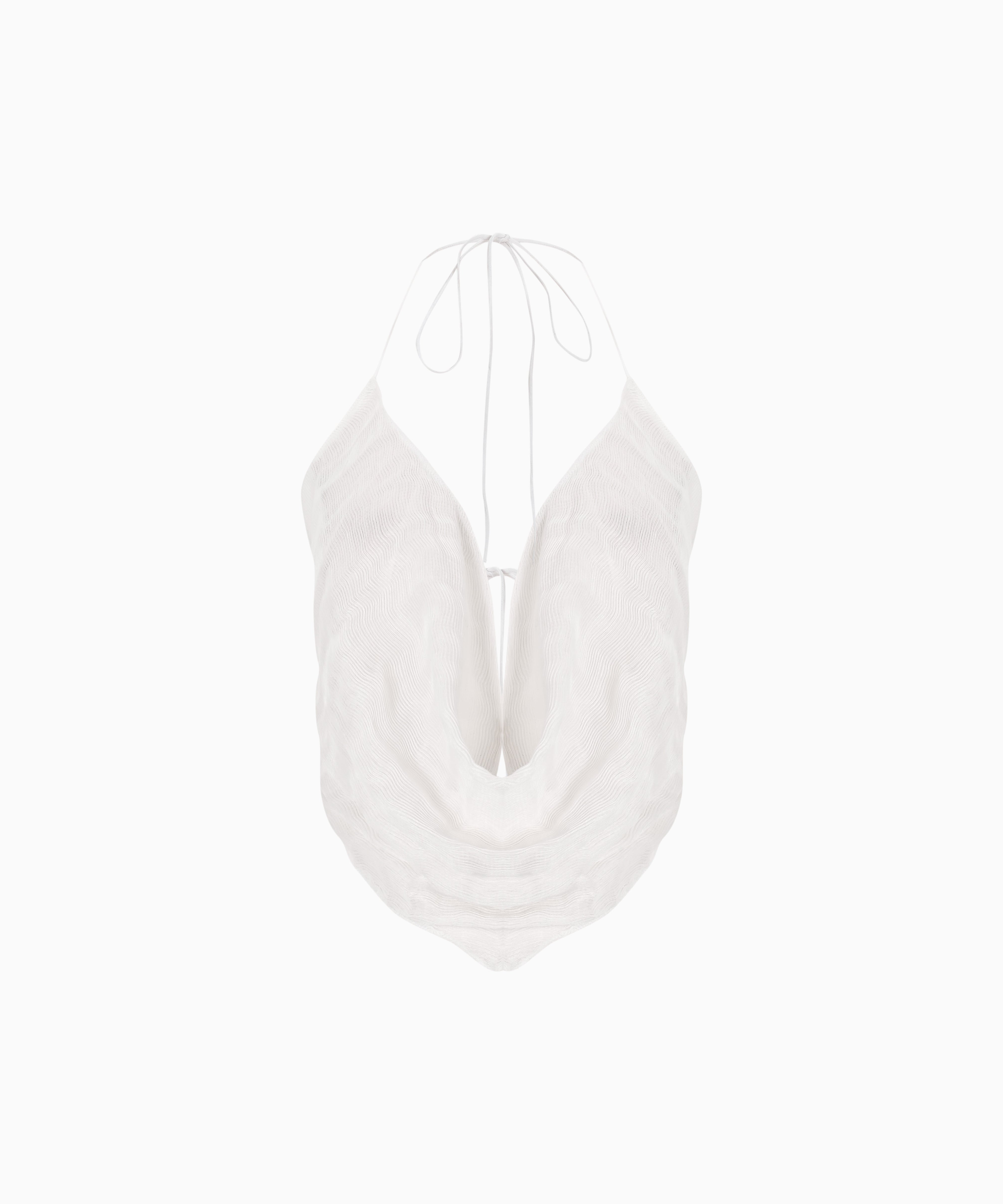 KNTLGY Draped Halter Top – White linen-silk blend halter top with draped front and open tie-back design