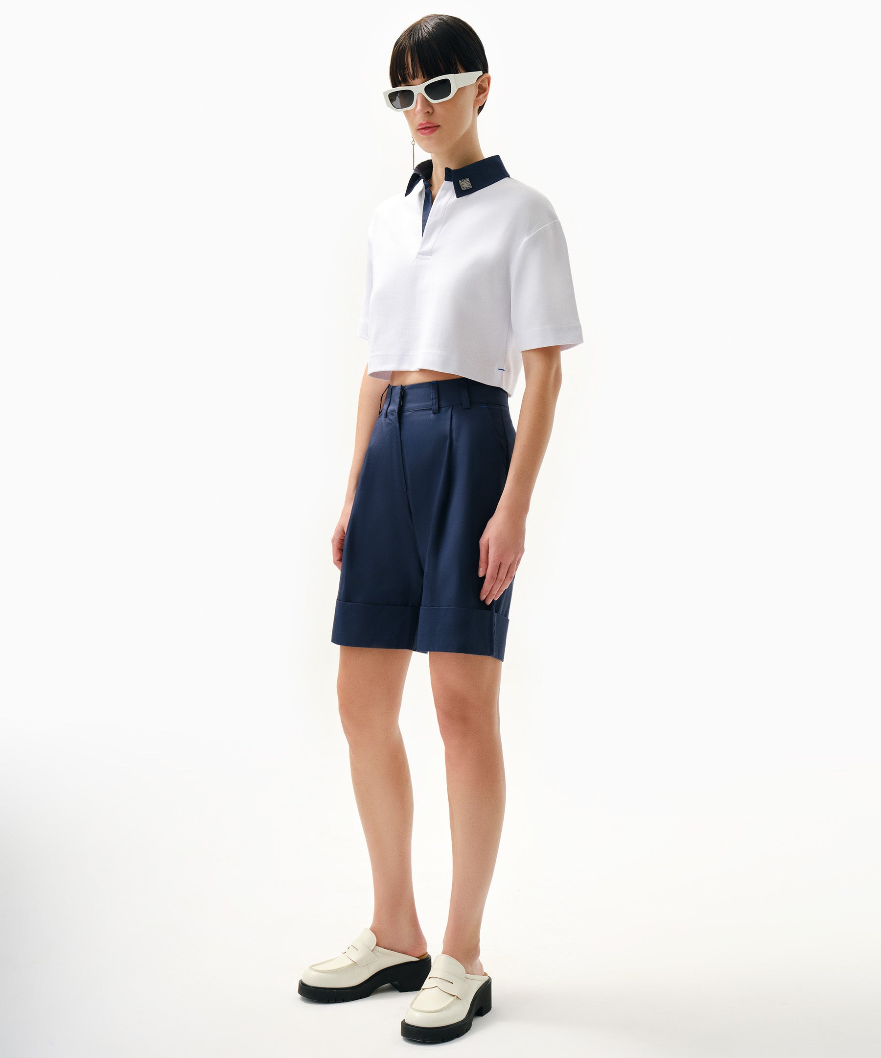 Polo Yaka, Kısa Kollu, Beyaz, Merserize Crop T-shirt