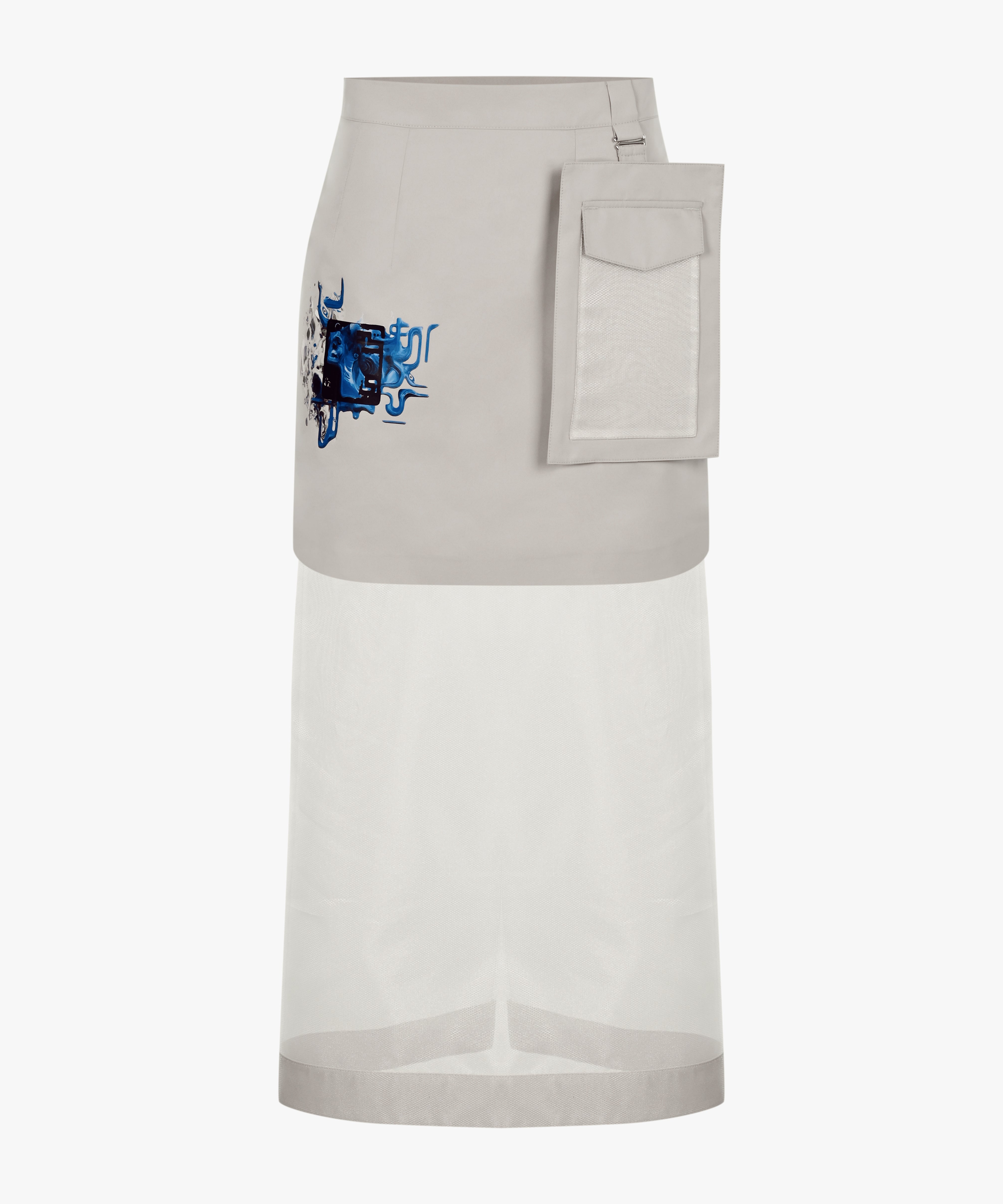 KNTLGY x Samsung Z Flip6P Hybrid Skirt – grey hybrid skirt with blue embroidery and transparent lower panel