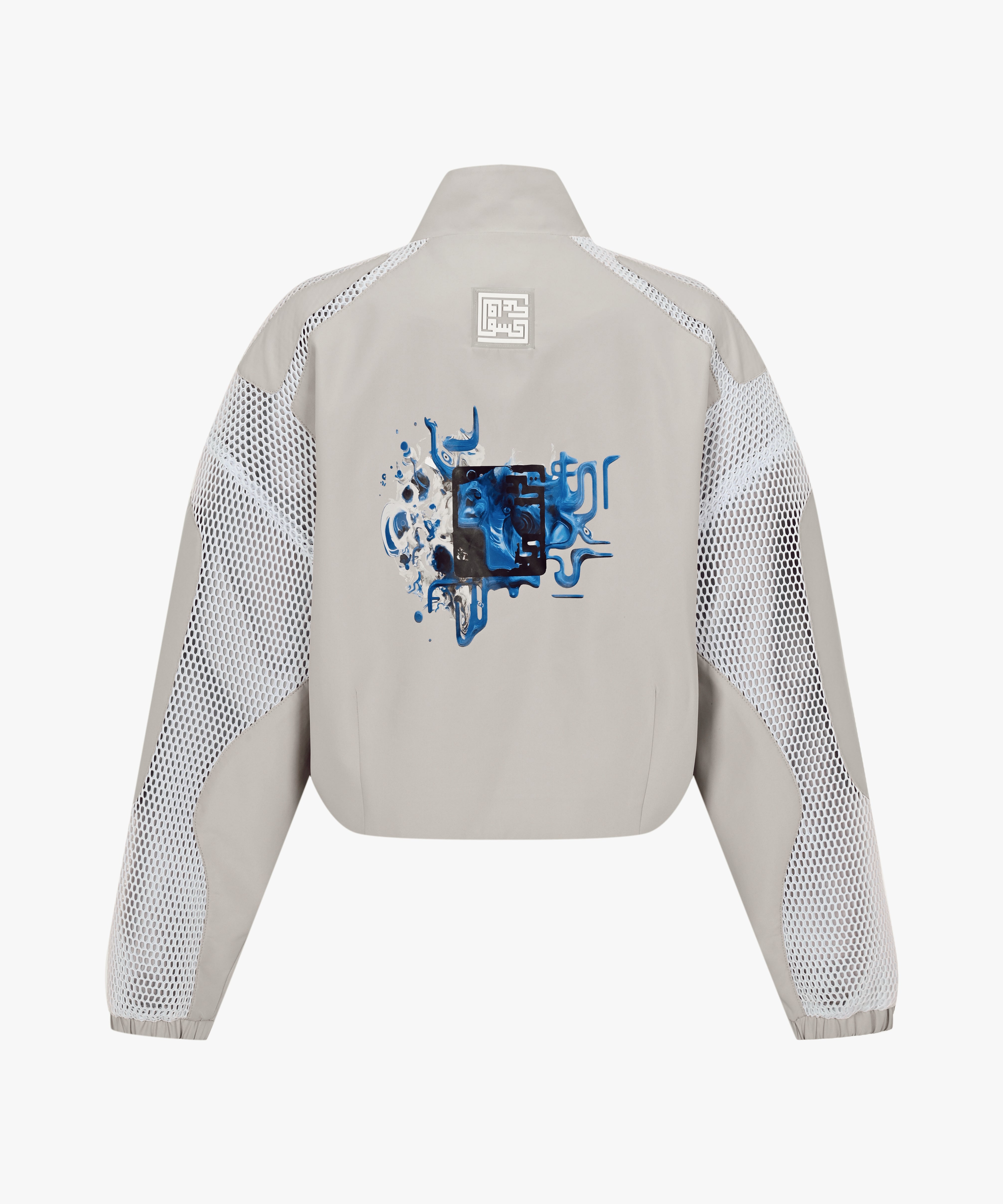 KNTLGY x Samsung Z Flip6P Bomber Jacket – grey cropped jacket with mesh sleeves and blue graphic embroidery