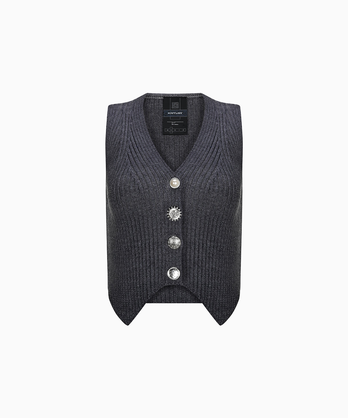 KNTLGY Ribbed Knit Vest – grey cropped ribbed vest with decorative button closure