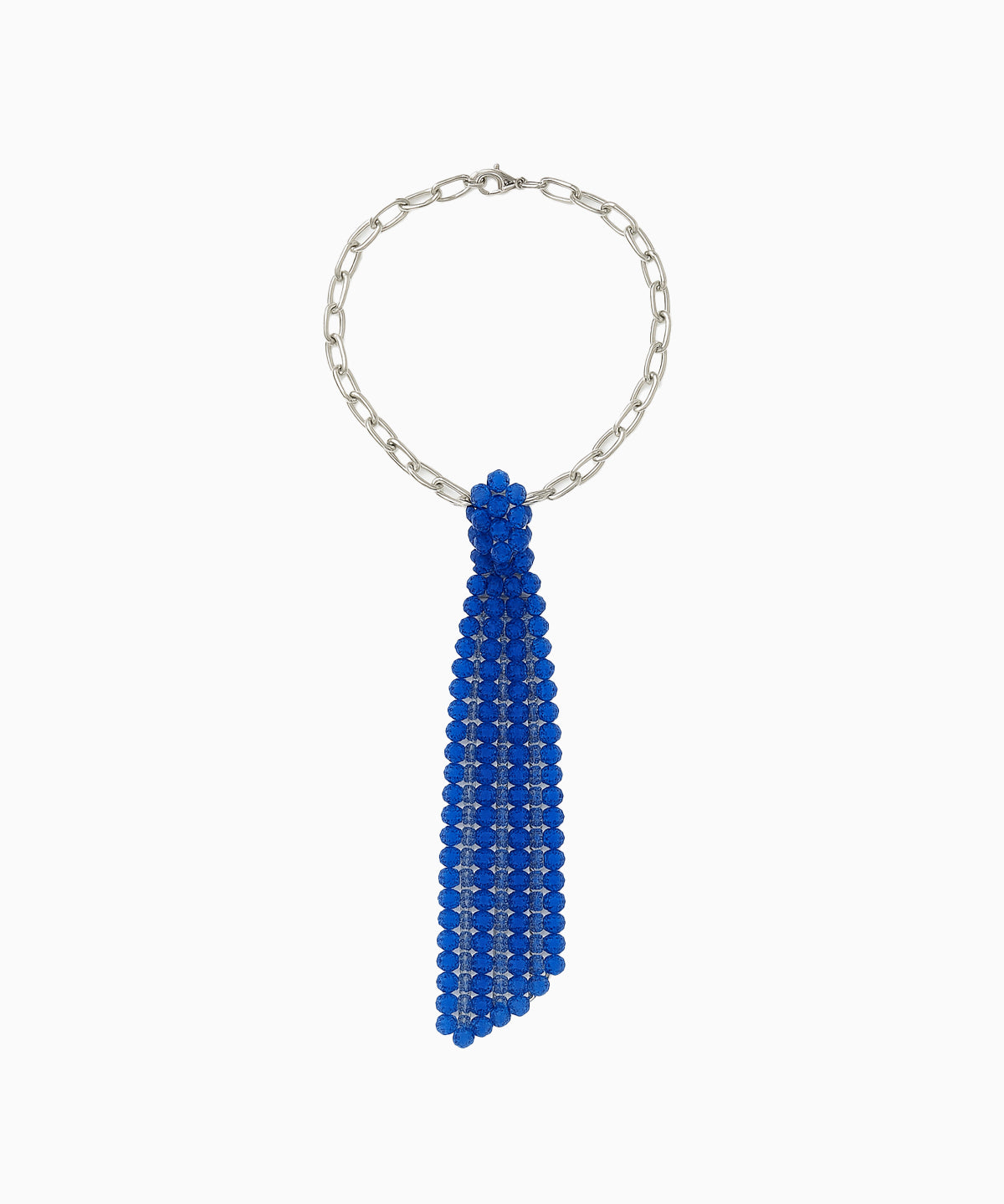 KNTLGY Beaded Tie Necklace – silver chain necklace with blue beaded tie pendant