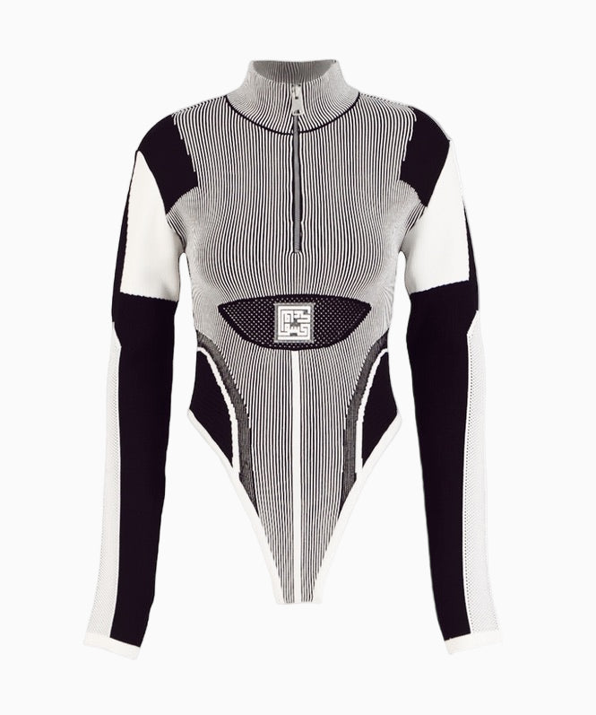 A long-sleeved bodysuit with a fishnet design, featuring a mock neckline and a front zipper detail. The bodysuit is primarily black with white contrast patterns.