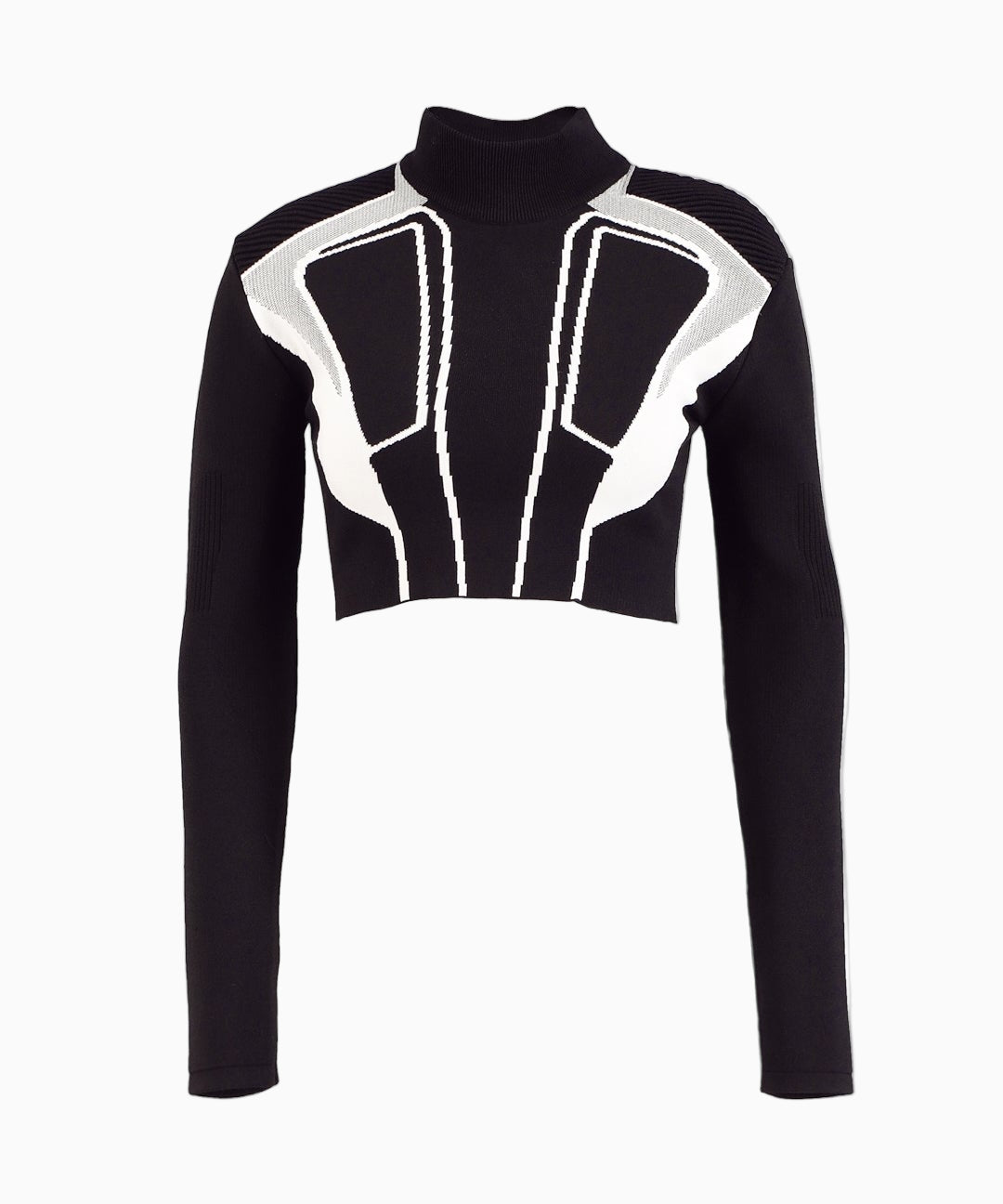 A black and white short-sleeved, high-necked, quilted sweater